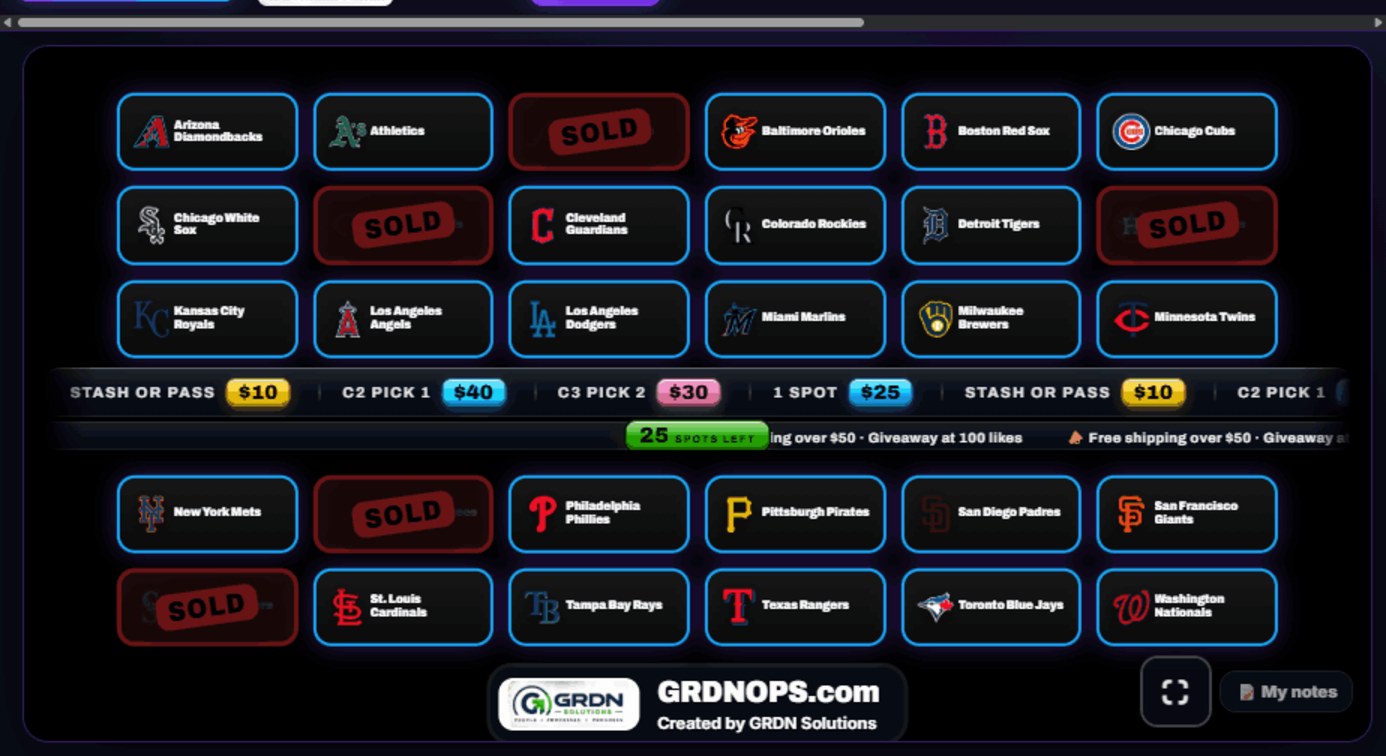 Breaker board with MLB team boxes, sold spots, a price strip and spots left