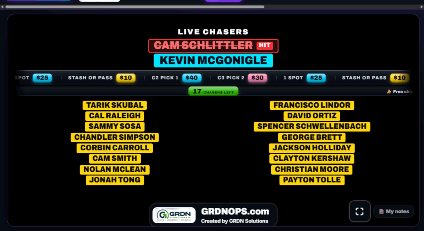 Chaser board showing a Live Chasers list with hits marked